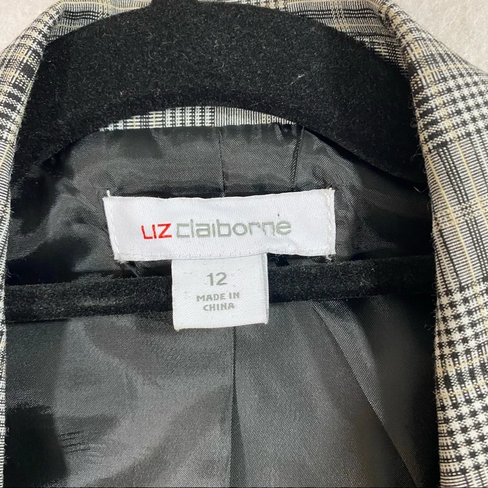 Glen Check Plaid Pant Suit Blazer Paper Bag Waist Pant Liz Claiborne Gray Black - Picture 10 of 16